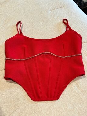 superdown Red Rhinestone Trim Corset Tank Top